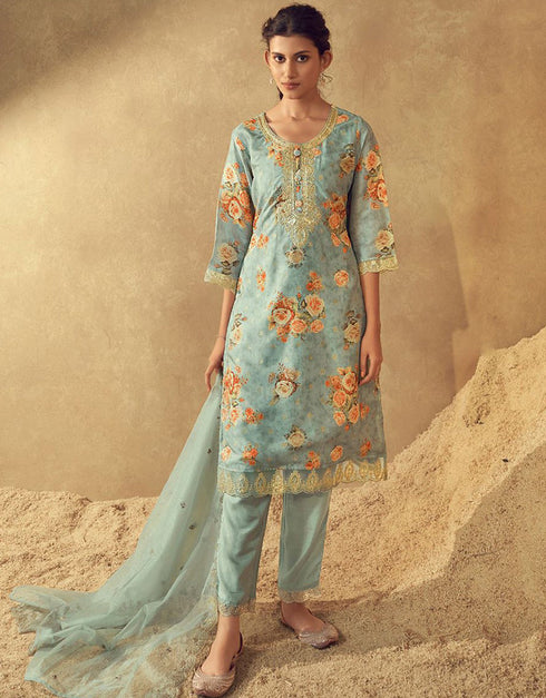 glamorous light grey blended silk pakistani style kameez with plazo dupatta set with light grey blended silk 2863-20053 Close-up View