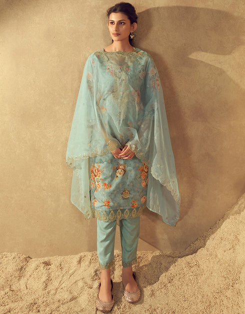 glamorous light grey blended silk pakistani style kameez with plazo dupatta set with light grey blended silk 2863-20053 Front View