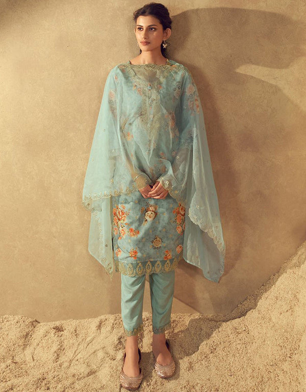 glamorous light grey blended silk pakistani style kameez with plazo dupatta set with light grey blended silk 2863-20053 Front View