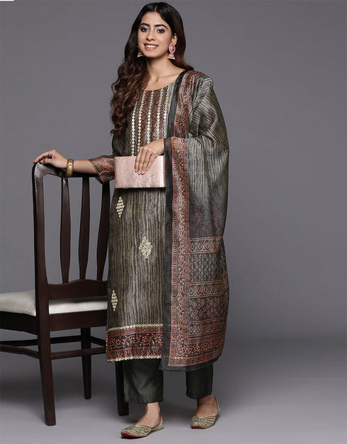 contemporary black chanderi silk pakistani style kameez with plazo dupatta set with black blended silk 2863-20054 Front View