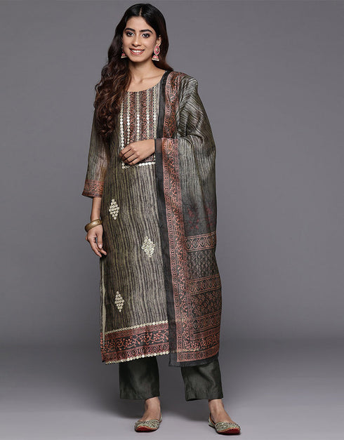 contemporary black chanderi silk pakistani style kameez with plazo dupatta set with black blended silk 2863-20054 Close-up View