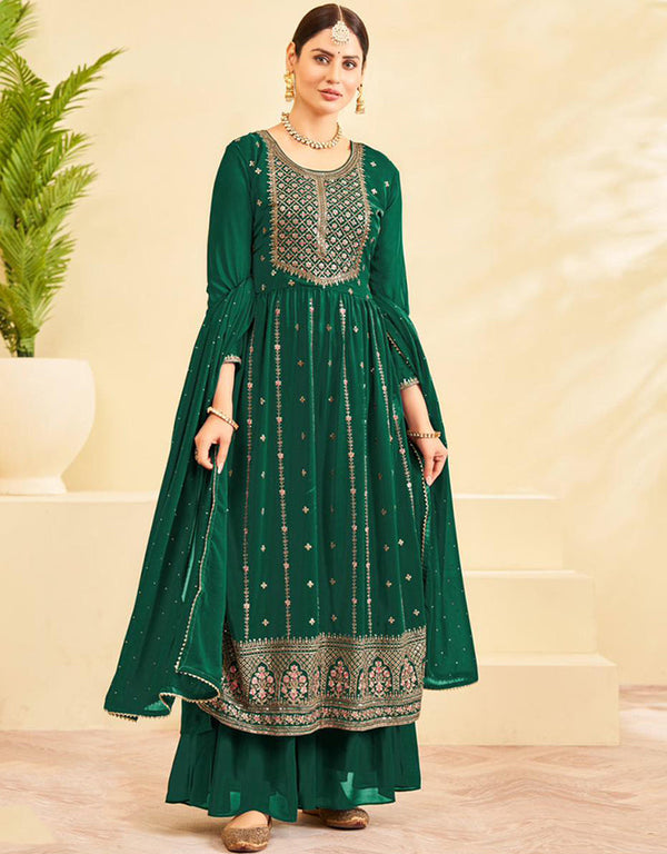 Heavy Designer Wedding Wear Georgette Salwar Suit Bottle Green Georgette Sharara Straight Front View