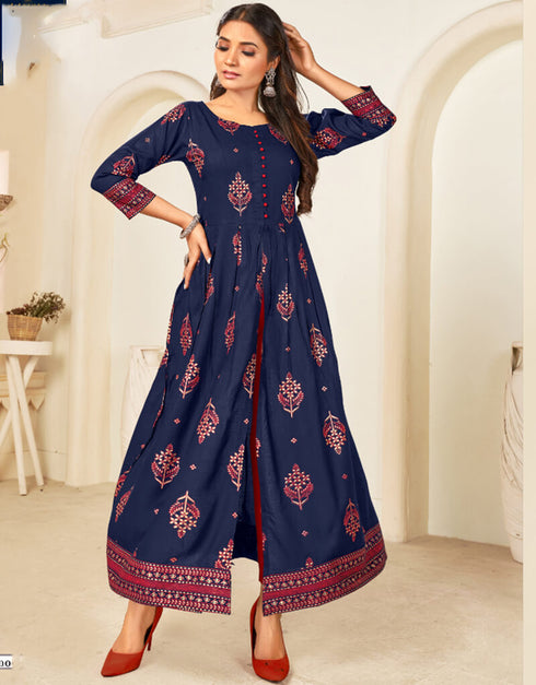 Dark Blue Pure 14 Kg Rayon Pant Anarkali Closure View