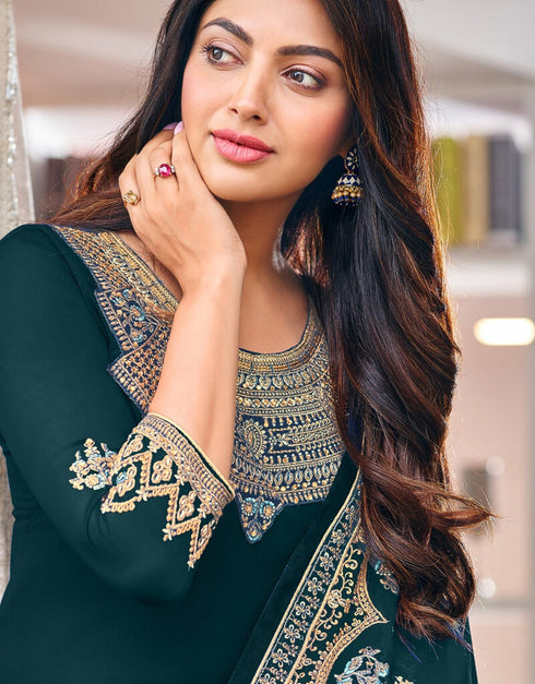 Sea Green Chudidar style Straight Faux Georgette Salwar Kameez in Embroidery, Stone & Lace Work Closure View