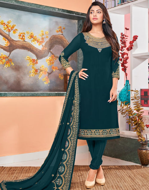 Sea Green Chudidar style Straight Faux Georgette Salwar Kameez in Embroidery, Stone & Lace Work