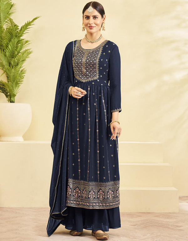 Heavy Designer Wedding Wear Georgette Salwar Suit Dark Georgette Sharara Straight Front View