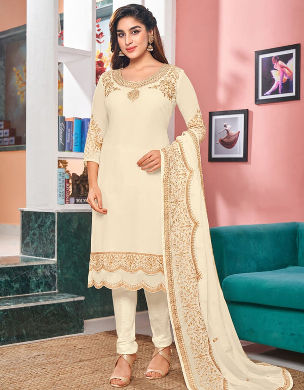 Off White Chudidar style Straight Faux Georgette Salwar Kameez in Embroidery, Stone & Lace Work