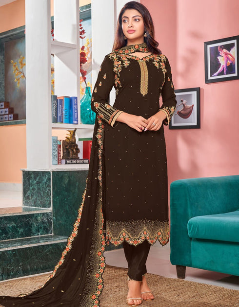 Brown Chudidar style Straight Faux Georgette Salwar Kameez in Embroidery, Stone & Lace Work