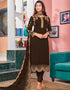 Brown Chudidar style Straight Faux Georgette Salwar Kameez in Embroidery, Stone & Lace Work