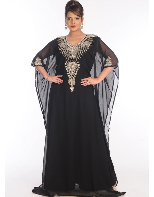 Women Black Georgette Hand Embroidery Party Wear Kaftan