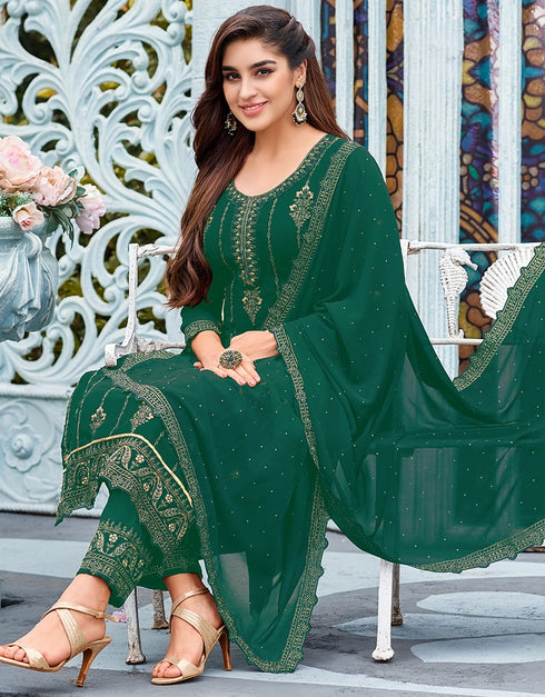 Light Green Pant style Suit Faux Georgette Salwar Kameez in Swaroshki Embroidery, Embroidery & Lace Work Closure View