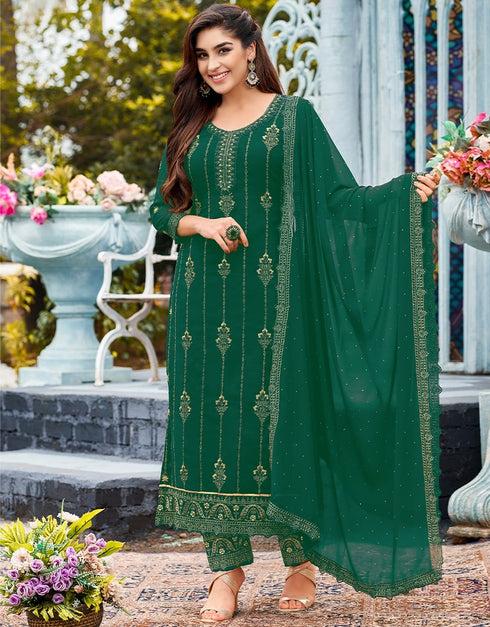 Light Green Pant style Suit Faux Georgette Salwar Kameez in Swaroshki Embroidery, Embroidery & Lace Work