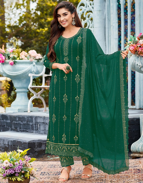 Light Green Pant style Suit Faux Georgette Salwar Kameez in Swaroshki Embroidery, Embroidery & Lace Work