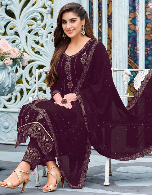 Purple Pant style Suit Faux Georgette Salwar Kameez in Swaroshki Embroidery, Embroidery & Lace Work Closure View