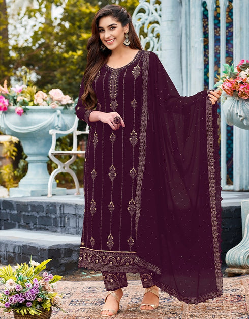 Purple Pant style Suit Faux Georgette Salwar Kameez in Swaroshki Embroidery, Embroidery & Lace Work
