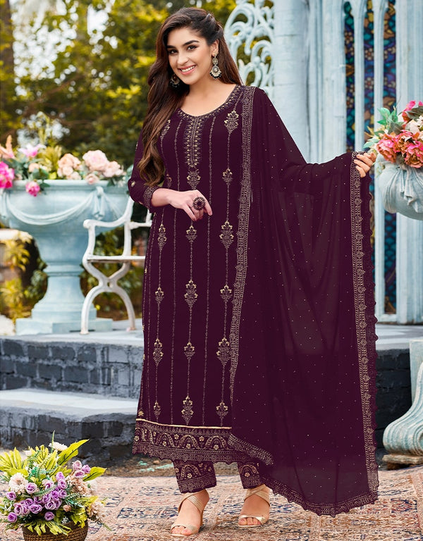 Purple Pant style Suit Faux Georgette Salwar Kameez in Swaroshki Embroidery, Embroidery & Lace Work