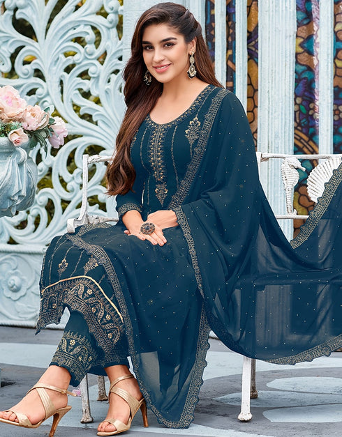 Rama Pant style Suit Faux Georgette Salwar Kameez in Swaroshki Embroidery, Embroidery & Lace Work Closure View