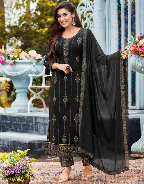 Black Pant style Suit Faux Georgette Salwar Kameez in Swaroshki Embroidery, Embroidery & Lace Work