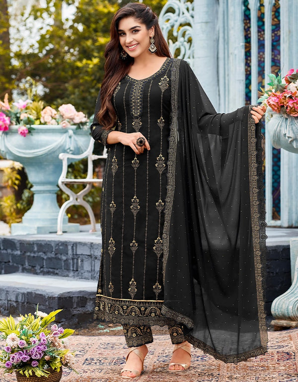 Black Pant style Suit Faux Georgette Salwar Kameez in Swaroshki Embroidery, Embroidery & Lace Work