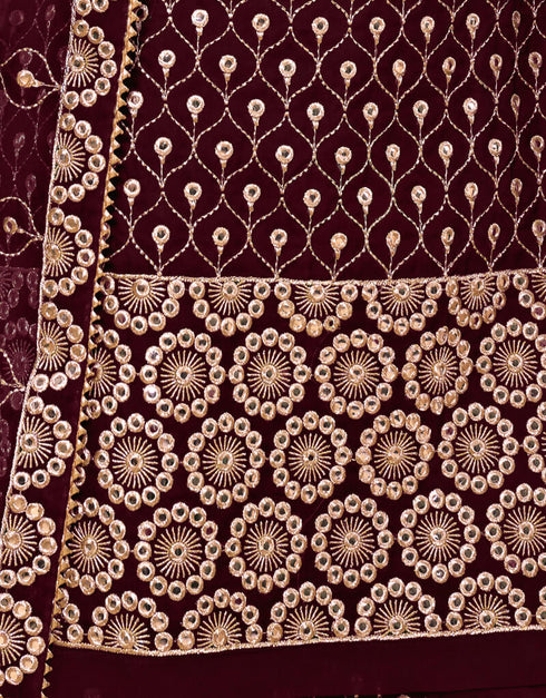 Dark Wine Palazzo style Salwar Suit Georgette Salwar Kameez in Embroidery, Stone & Lace Work Closure View
