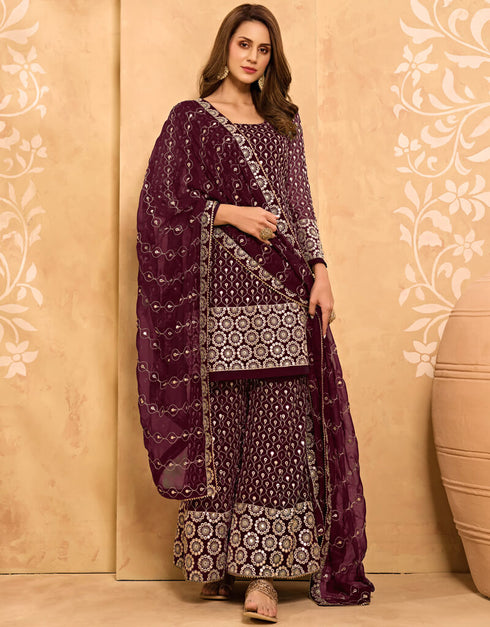 Dark Wine Palazzo style Salwar Suit Georgette Salwar Kameez in Embroidery, Stone & Lace Work