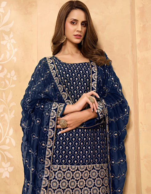 Navy Blue Palazzo style Salwar Suit Georgette Salwar Kameez in Embroidery, Stone & Lace Work Closure View Embroidery Back side View