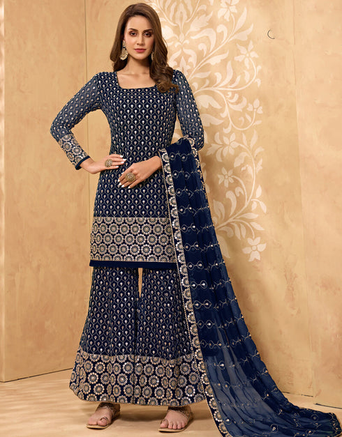 Navy Blue Palazzo style Salwar Suit Georgette Salwar Kameez in Embroidery, Stone & Lace Work Closure View Embroidery