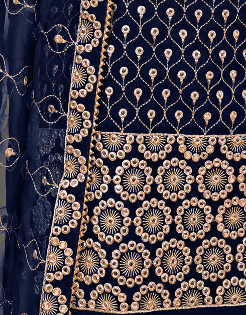 Navy Blue Palazzo style Salwar Suit Georgette Salwar Kameez in Embroidery, Stone & Lace Work Closure View