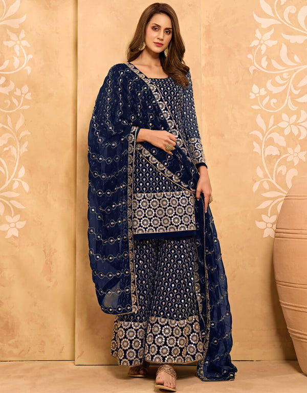 Navy Blue Palazzo style Salwar Suit Georgette Salwar Kameez in Embroidery, Stone & Lace Work