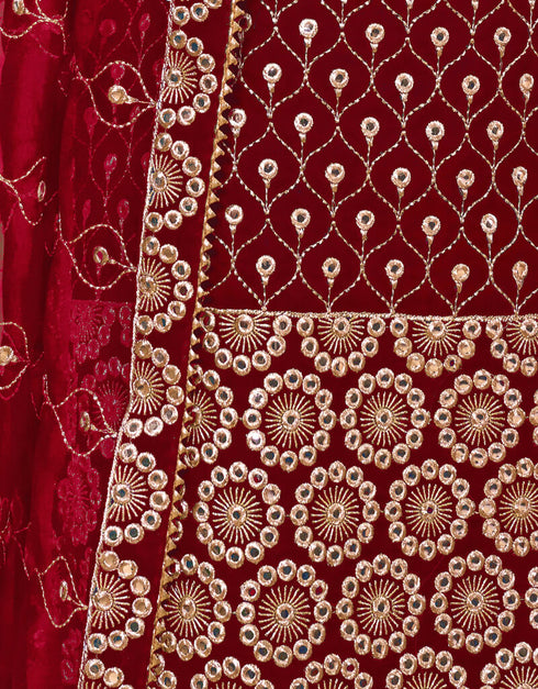 Maroon Palazzo style Salwar Suit Georgette Salwar Kameez in Embroidery, Stone & Lace Work Closure View Embroidery Back side View