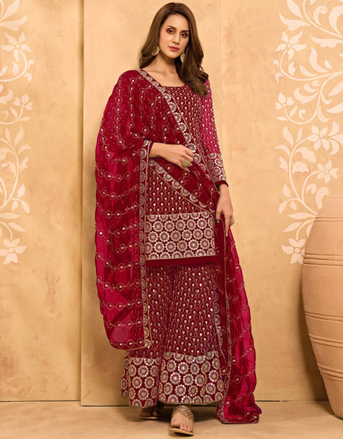 Maroon Palazzo style Salwar Suit Georgette Salwar Kameez in Embroidery, Stone & Lace Work Closure View Embroidery