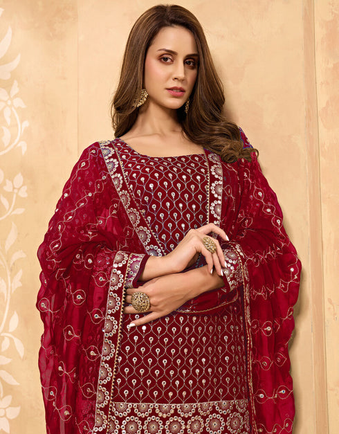 Maroon Palazzo style Salwar Suit Georgette Salwar Kameez in Embroidery, Stone & Lace Work Closure View