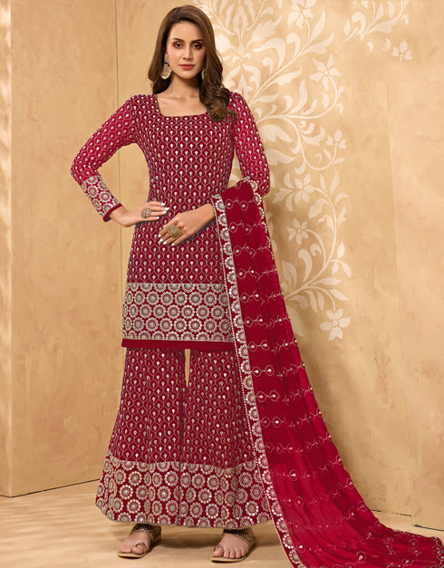 Maroon Palazzo style Salwar Suit Georgette Salwar Kameez in Embroidery, Stone & Lace Work