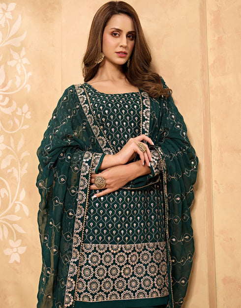 Dark Green Palazzo style Salwar Suit Georgette Salwar Kameez in Embroidery, Stone & Lace Work Closure View Embroidery