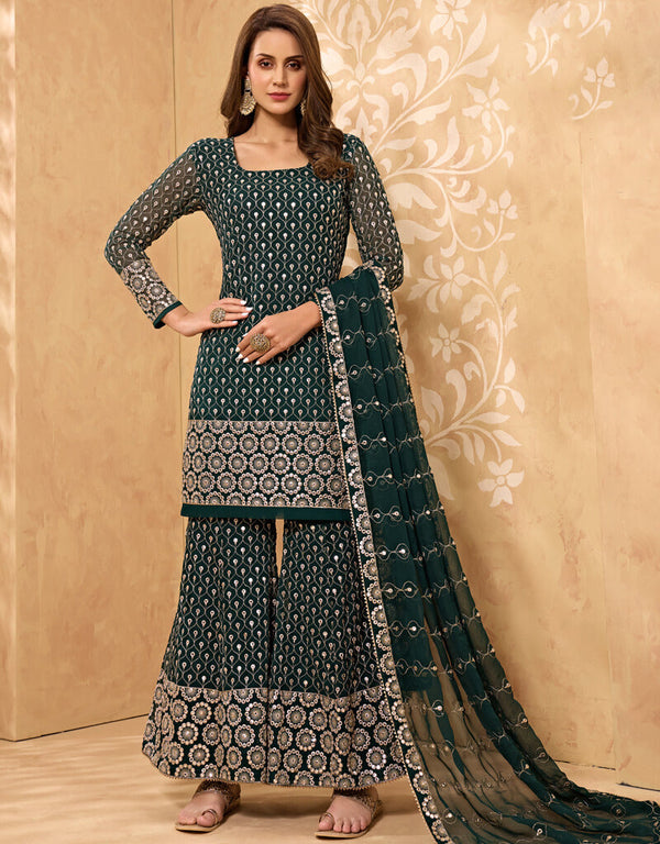 Dark Green Palazzo style Salwar Suit Georgette Salwar Kameez in Embroidery, Stone & Lace Work