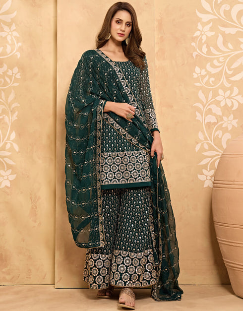 Dark Green Palazzo style Salwar Suit Georgette Salwar Kameez in Embroidery, Stone & Lace Work Closure View Embroidery Back side View