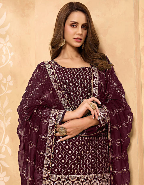 Dark Wine Palazzo style Salwar Suit Georgette Salwar Kameez in Embroidery, Stone & Lace Work Closure View Embroidery Back side View
