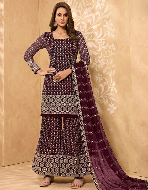 Dark Wine Palazzo style Salwar Suit Georgette Salwar Kameez in Embroidery, Stone & Lace Work Closure View Embroidery