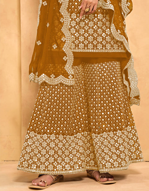 Mustard Palazzo style Salwar Suit Georgette Salwar Kameez in Embroidery, Stone & Lace Work Closure View