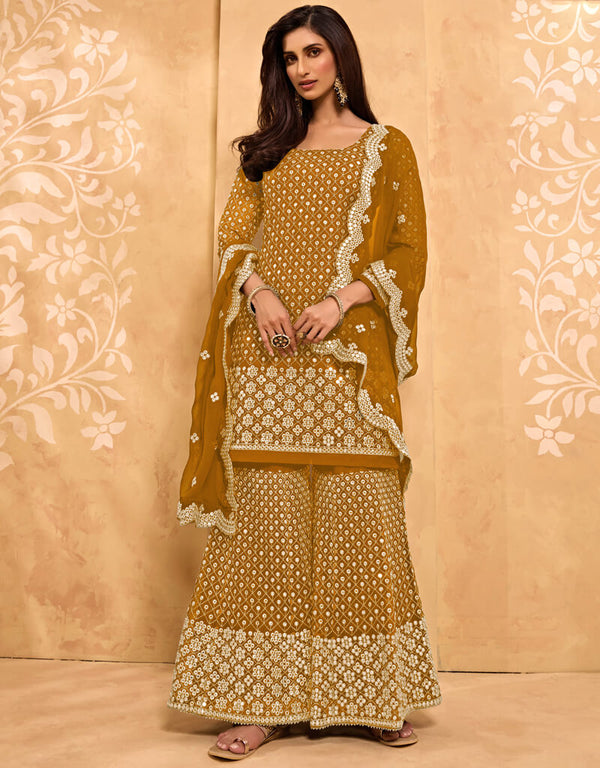 Mustard Palazzo style Salwar Suit Georgette Salwar Kameez in Embroidery, Stone & Lace Work