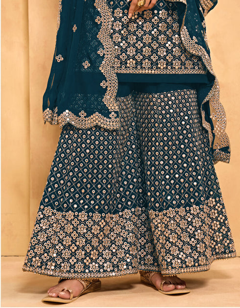 Teal Palazzo style Salwar Suit Georgette Salwar Kameez in Embroidery, Stone & Lace Work Closure View Embroidery Back side View