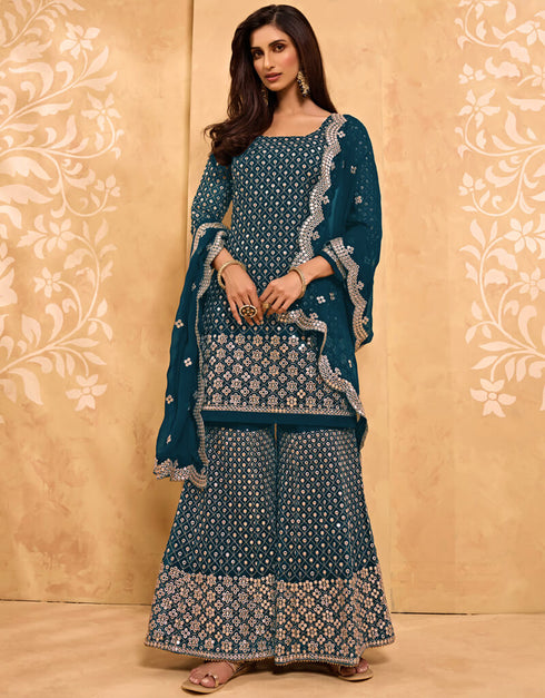 Teal Palazzo style Salwar Suit Georgette Salwar Kameez in Embroidery, Stone & Lace Work Closure View Embroidery