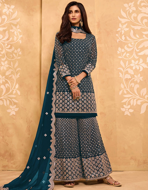 Teal Palazzo style Salwar Suit Georgette Salwar Kameez in Embroidery, Stone & Lace Work
