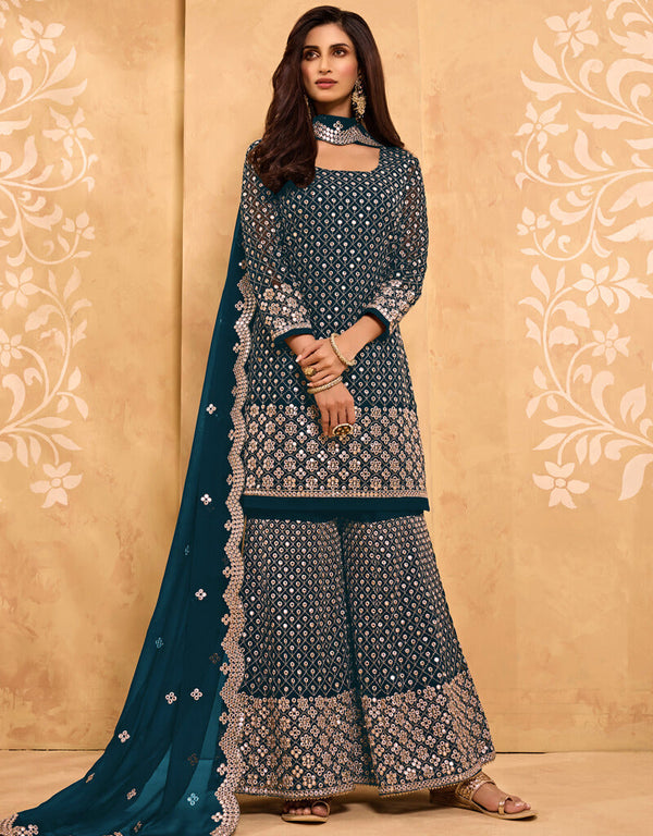 Teal Palazzo style Salwar Suit Georgette Salwar Kameez in Embroidery, Stone & Lace Work