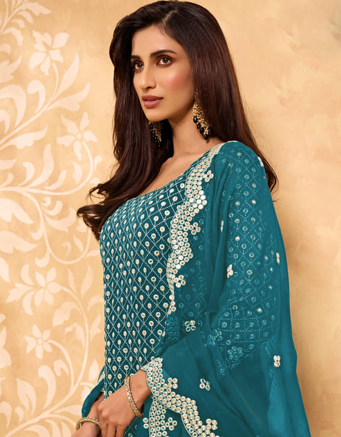 Sky Blue Palazzo style Straight Georgette Salwar Kameez in Embroidery, Stone & Lace Work Closure View Embroidery Back side View