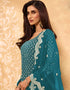 Sky Blue Palazzo style Straight Georgette Salwar Kameez in Embroidery, Stone & Lace Work Closure View Embroidery Back side View