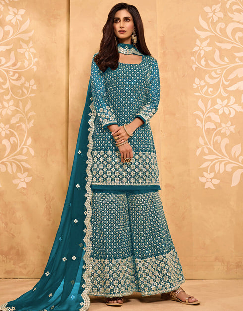 Sky Blue Palazzo style Straight Georgette Salwar Kameez in Embroidery, Stone & Lace Work Closure View Embroidery