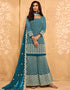 Sky Blue Palazzo style Straight Georgette Salwar Kameez in Embroidery, Stone & Lace Work Closure View Embroidery