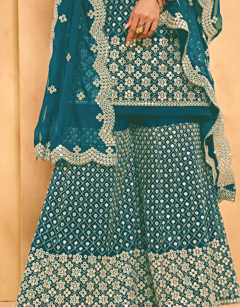 Sky Blue Palazzo style Straight Georgette Salwar Kameez in Embroidery, Stone & Lace Work Closure View