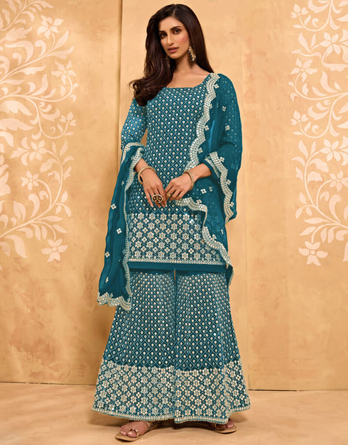 Sky Blue Palazzo style Straight Georgette Salwar Kameez in Embroidery, Stone & Lace Work